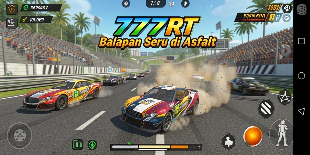 Screenshot gameplay utama 777RT menampilkan balapan seru di jalanan.
