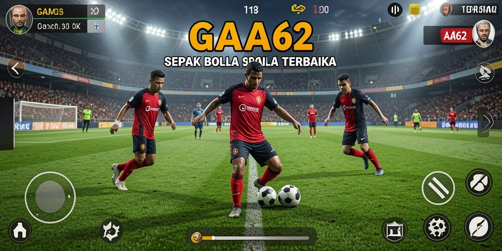 Screenshot gameplay AA62 yang menampilkan aksi sepak bola yang mendebarkan.