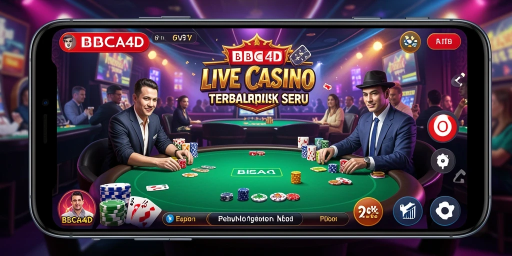 Screenshot gameplay BBCA4D menunjukkan dealer langsung dan suasana kasino yang nyata.